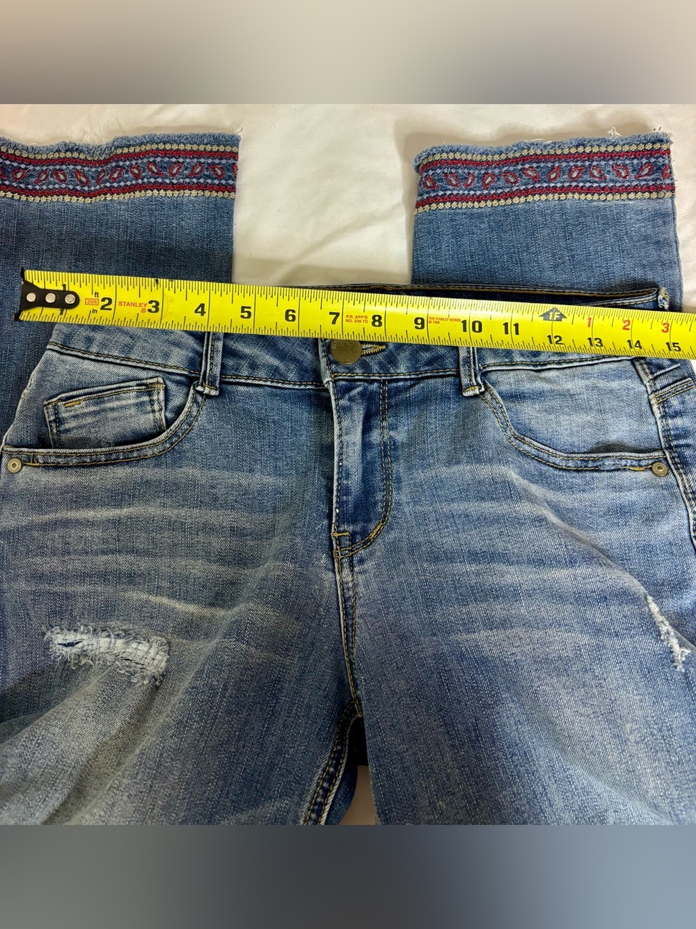 Democracy Light Blue Distressed Ankle Jeans with Embroidered Cuffs